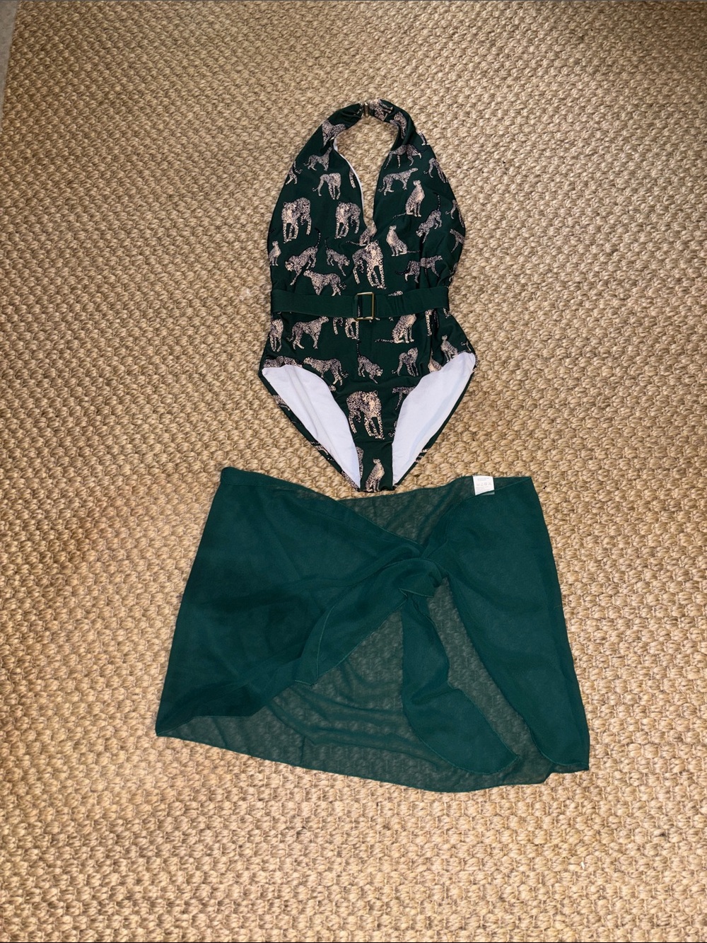 Forest Green Halter One-Piece Swimsuit with Animal Print and Belt